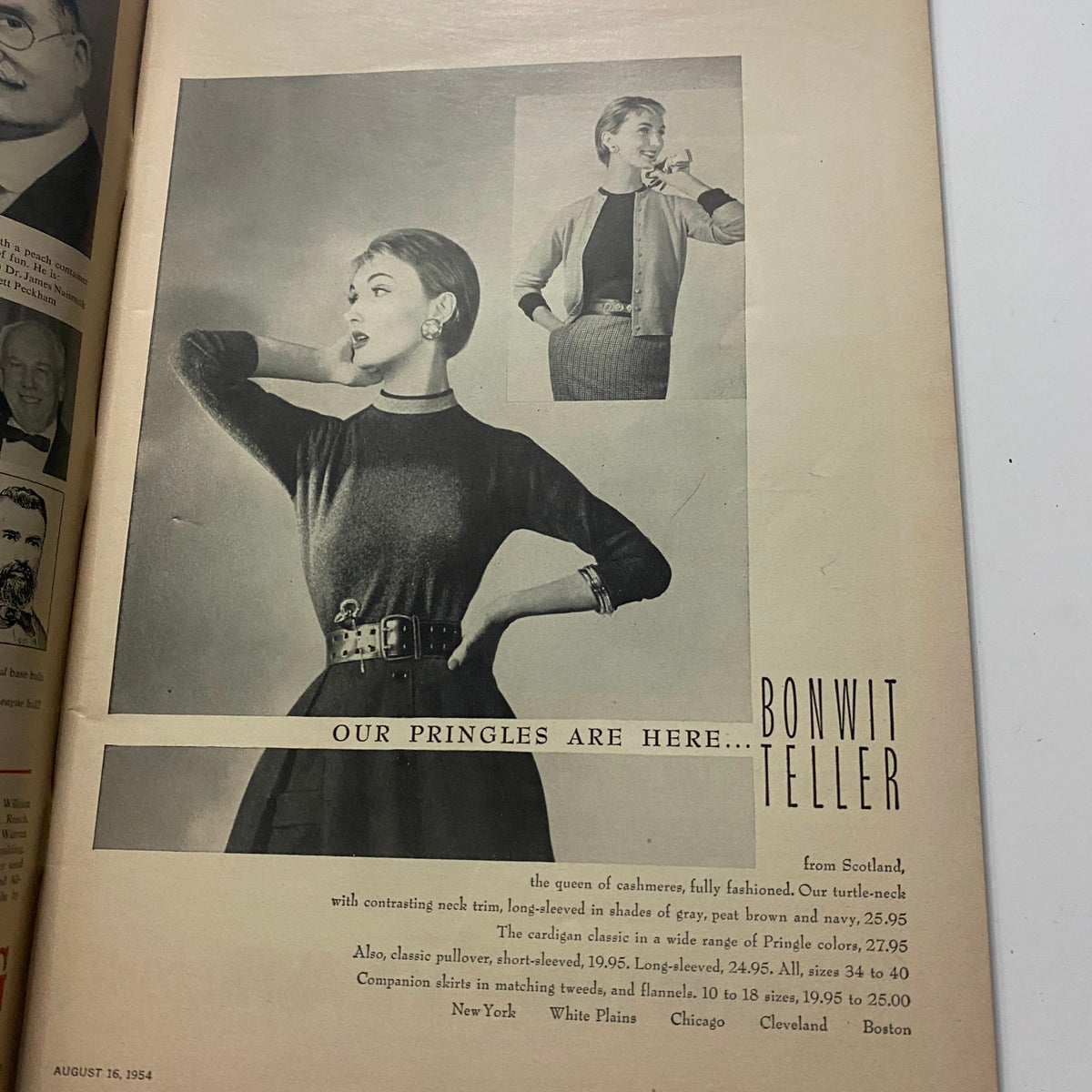 Fashion advertisement from Sports Illustrated Magazine August 16 1954, featuring a stylish model showcasing clothing by Bonwit Teller, reflective of the mid-20th century trends.