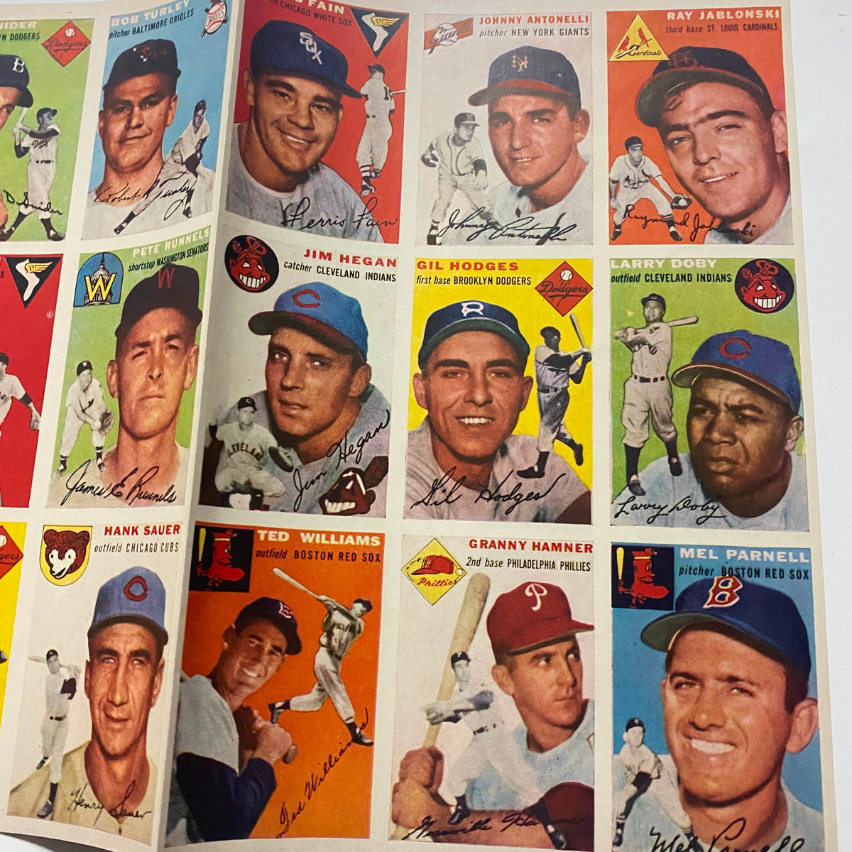 Sports Illustrated Magazine August 16 1954 showcasing a colorful spread of baseball player cards, including Gil Hodges and Mel Parnell, from the first edition.