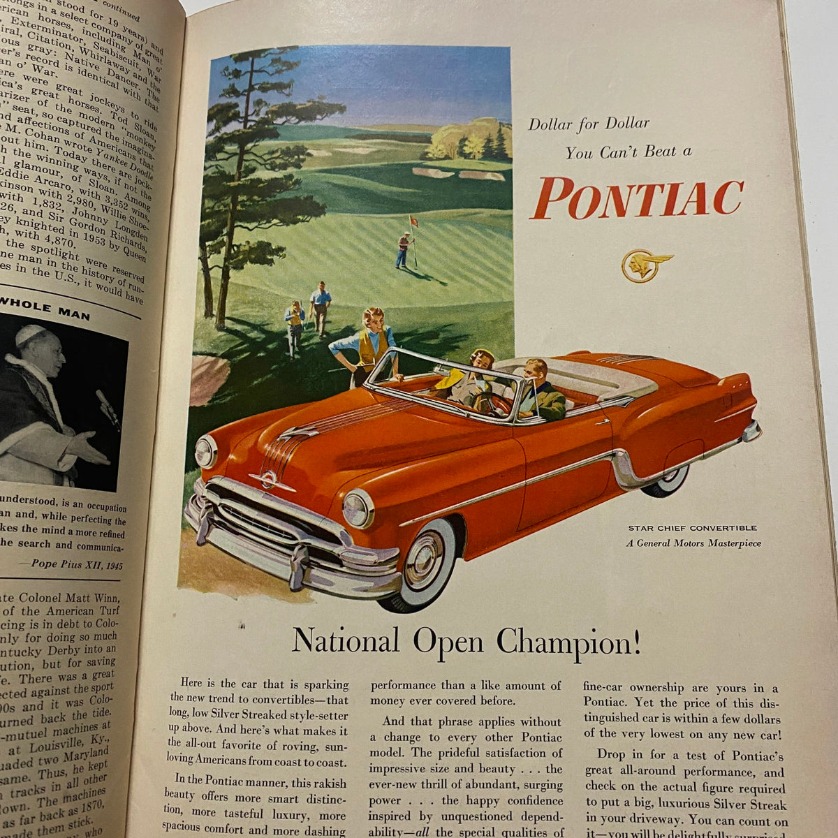 Advertisement in Sports Illustrated Magazine August 16 1954 featuring a Pontiac convertible car, promoting its luxurious features and connection to golf.
