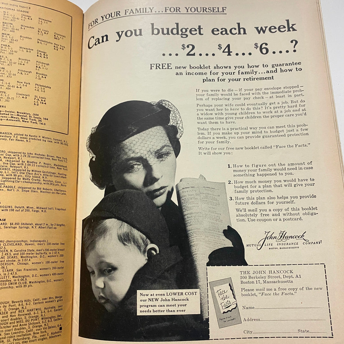 A page from Sports Illustrated Magazine August 16 1954 featuring an advertisement related to budgeting and planning for the family, with a mother and child.