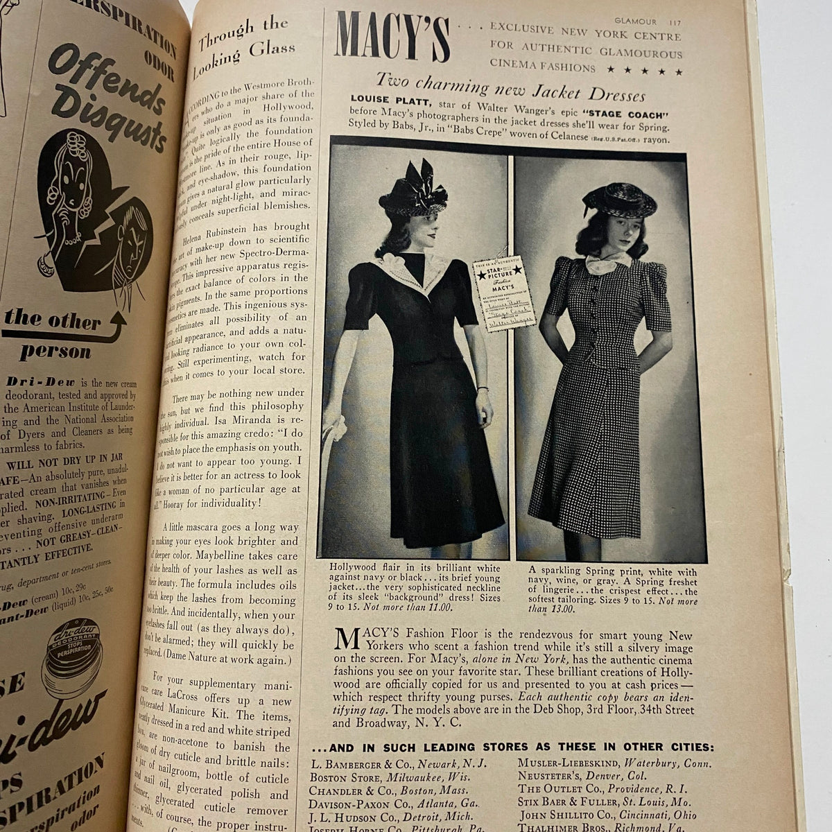 Fashion advertisement from GLAMOUR OF HOLLYWOOD Magazine April 1939 by Macy's featuring new women's jacket dresses inspired by cinema fashions.