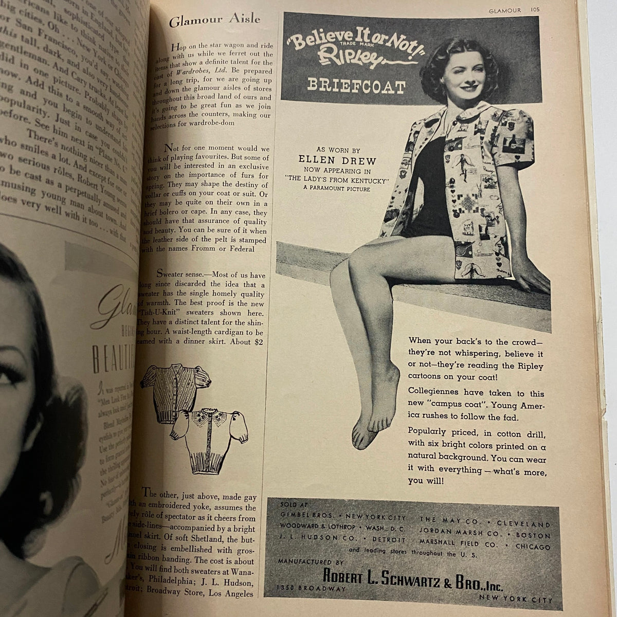 Interior page of GLAMOUR OF HOLLYWOOD Magazine April 1939 featuring an advertisement for 'Believe It or Not' Ripley with model Ellen Drew showcasing stylish attire.
