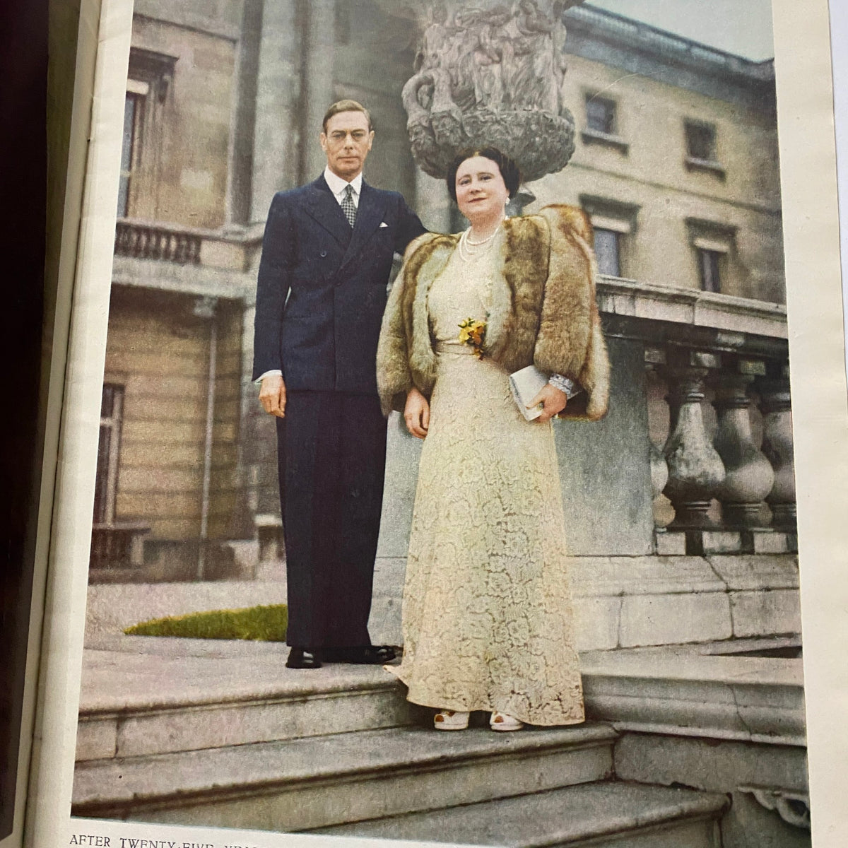 The Illustrated London News May 1 1948 presenting a color photo of the King and Queen with their family in a formal portrait setting outside Buckingham Palace.