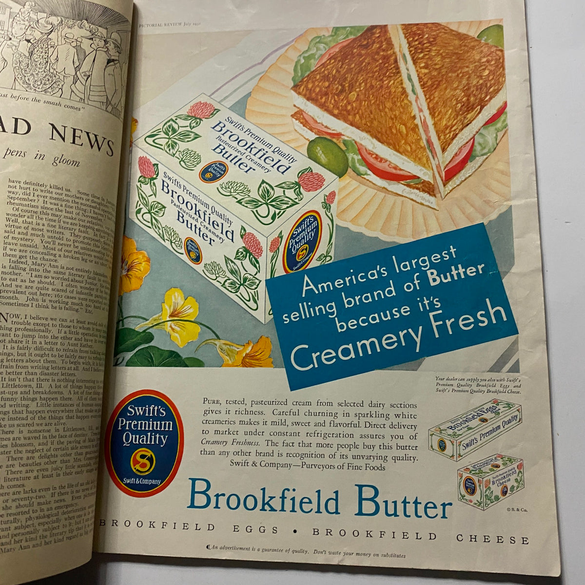Inside page of Pictorial Review Magazine July 1931 showcasing an advertisement for Brookfield Butter. The ad features a colorful presentation of the butter packaging with a sandwich and flowers in a vintage style.