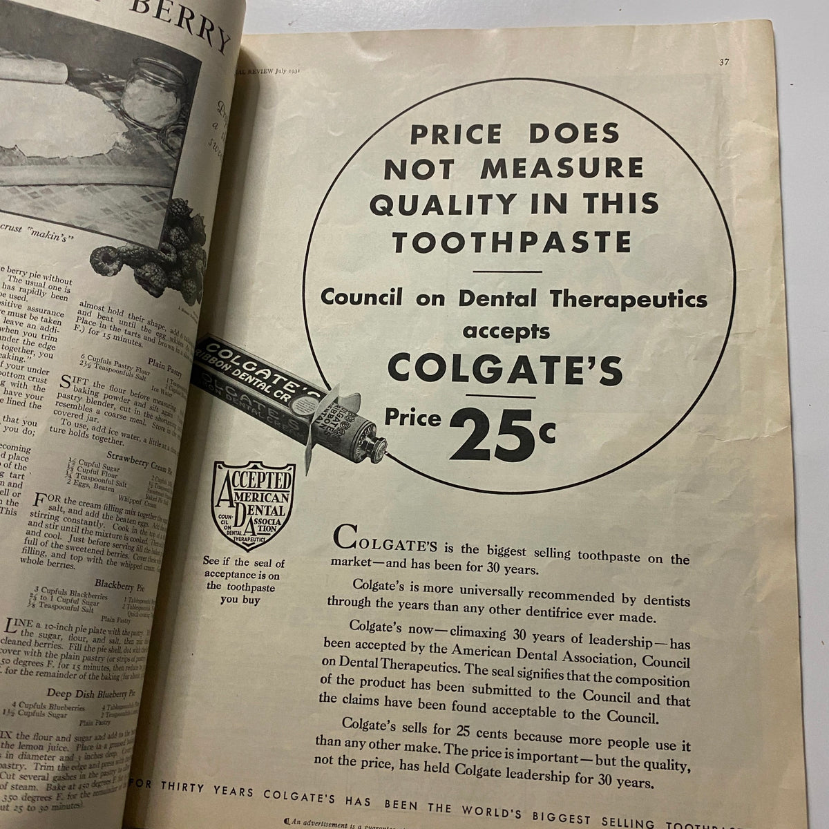 Pictorial Review Magazine July 1931 displaying an advertisement for Colgate toothpaste, discussing quality and price with a vintage design.