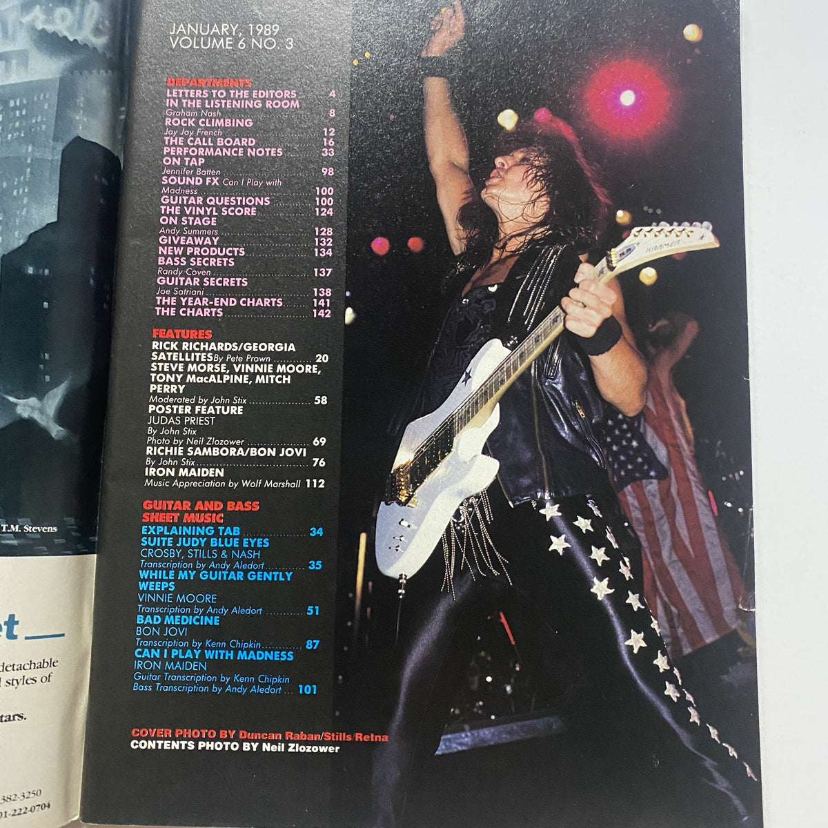 Table of Contents from Guitar for the Practicing Musician Magazine January 1989, highlighting features including Bon Jovi and various guitar transcriptions.