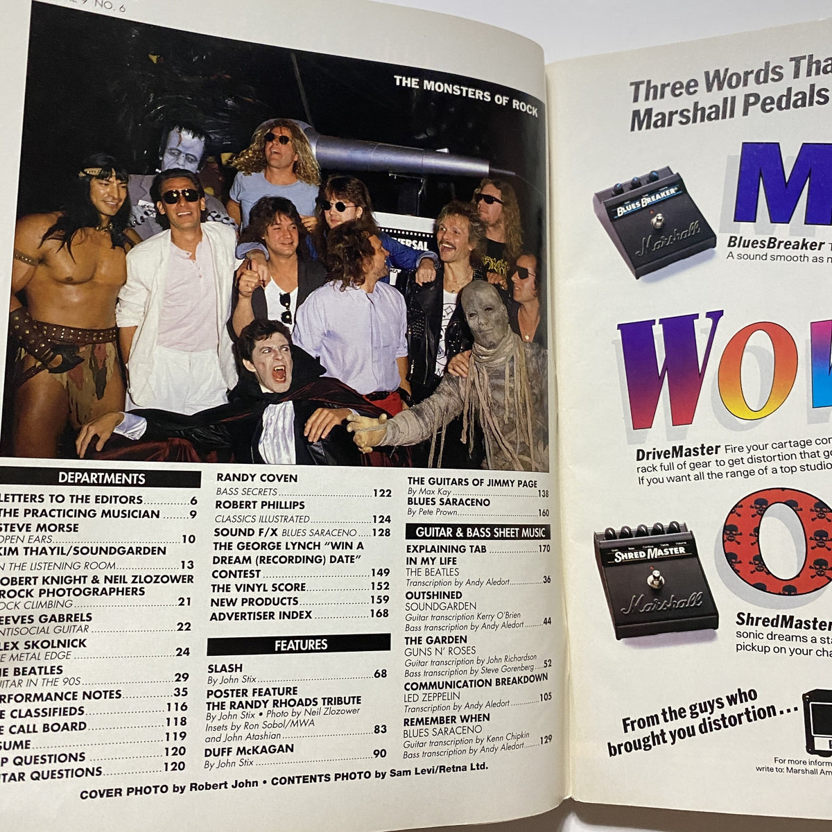 Inside spread of Guitar for the Practicing Musician Magazine April 1992, highlighting the Monsters of Rock and featuring various musicians and gear advertisements.