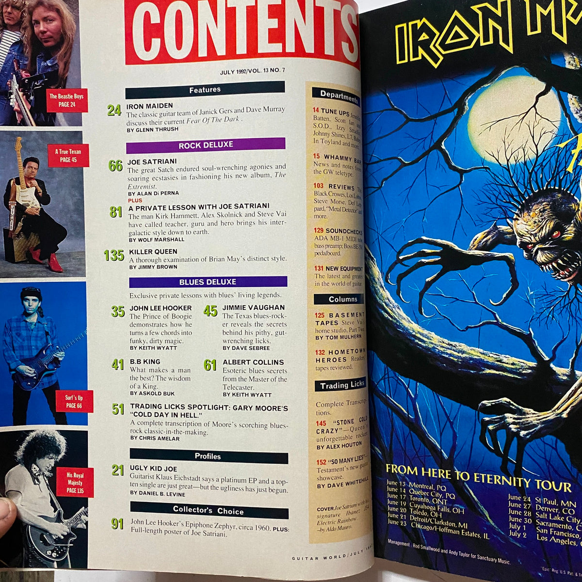 Contents page of Guitar World Magazine July 1992 highlighting features on Joe Satriani, Killer Queen, and exclusive lessons with blues legends.