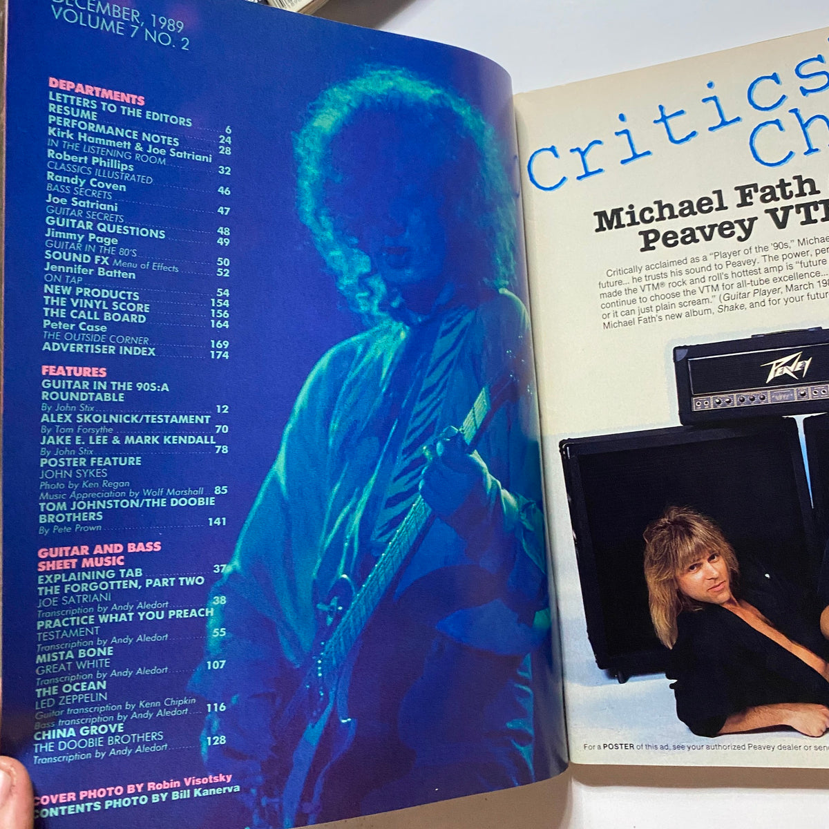 Interior page from Guitar for the Practicing Musician Magazine December 1989 displaying editorial content and features, including guitar tabs for notable musicians.