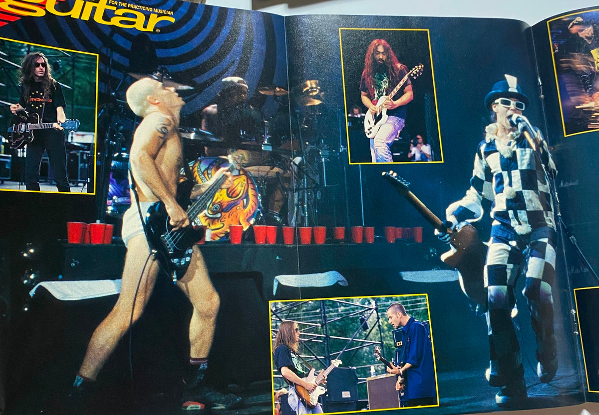Inside page of Guitar for the Practicing Musician December 1992 magazine featuring live performances by various musicians including Sonic Youth. Highlights include vibrant stage visuals and guitar play.