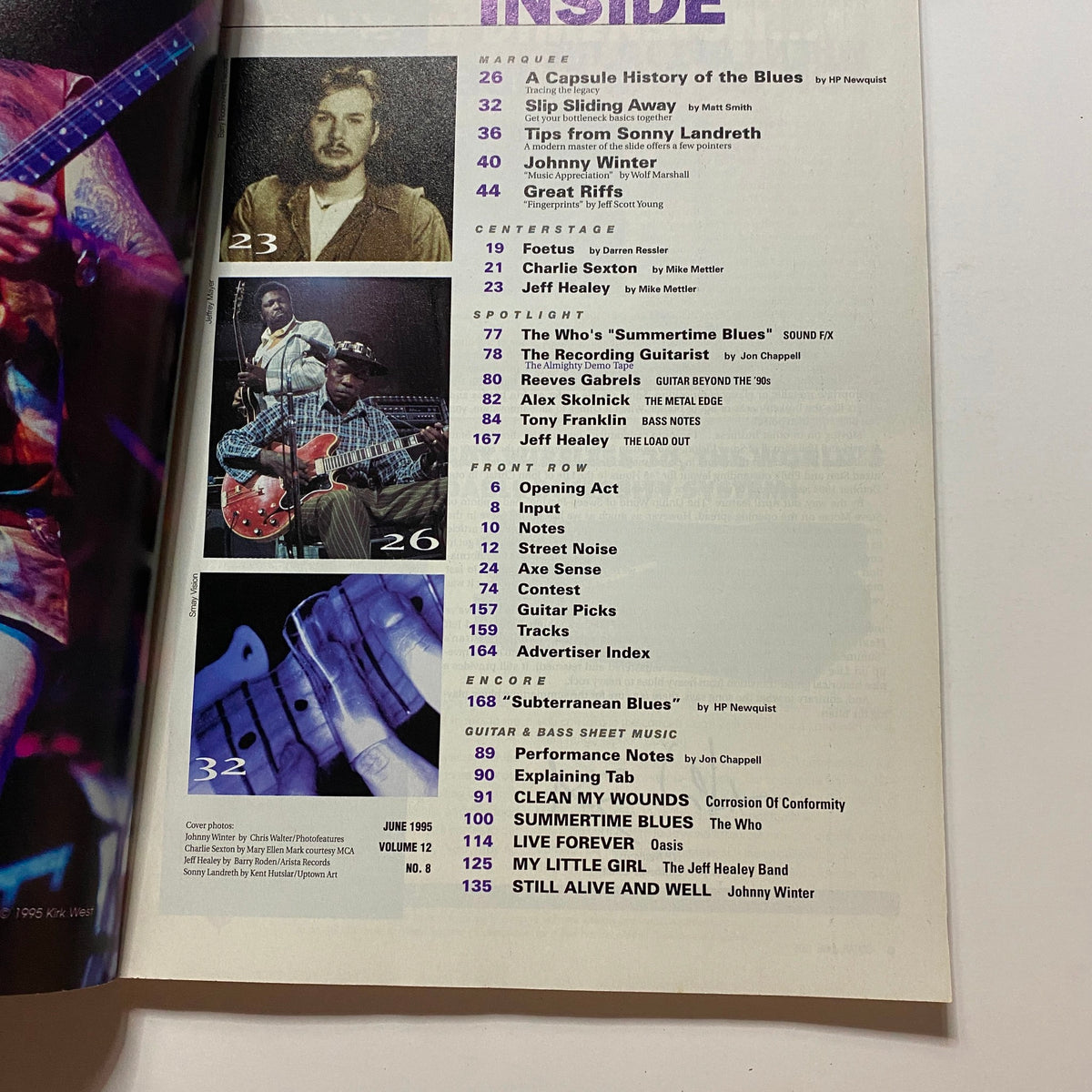 Inside page of Guitar Magazine June 1995 showcasing features and articles including Charlie Sexton and Jeff Healy.