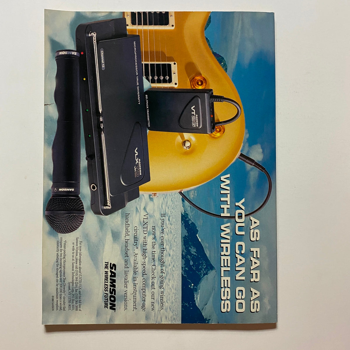 Back cover of VTG Guitar Magazine, December 1995, Volume 13, Number 2, showcasing an advertisement for a Samson wireless microphone system with a striking image of a gold guitar.
