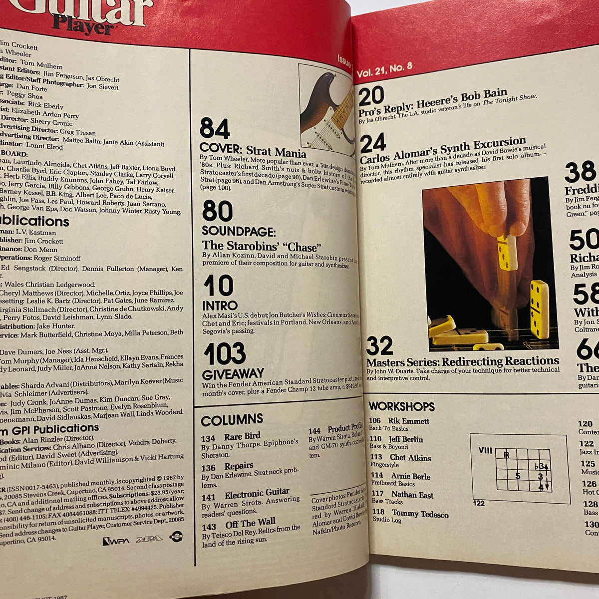 Inside page of Guitar Player Magazine August 1987 with contents and articles including 'Strat Mania,' highlighting features on guitar techniques and various musicians.