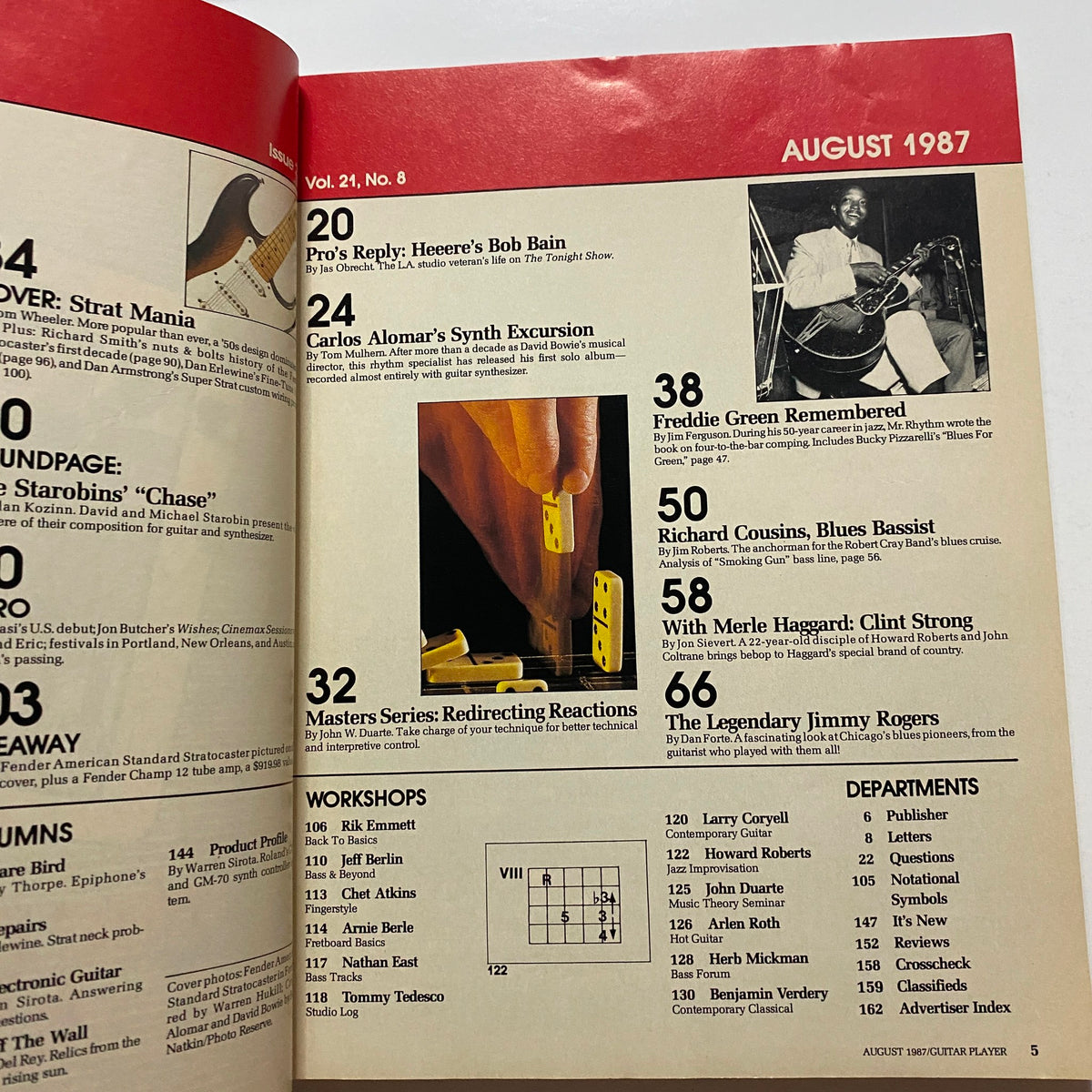 Guitar Player Magazine August 1987 titled 'Strat Mania' showcasing various articles and features including workshops and profiles of musicians. Perfect for guitar enthusiasts and collectors.