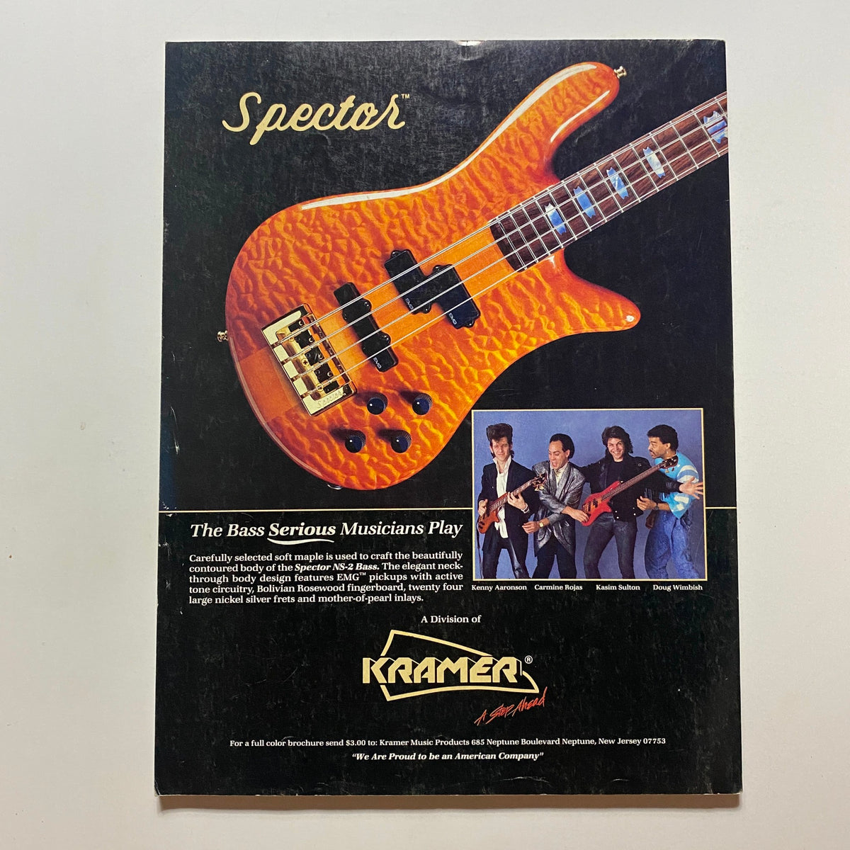 Back cover of Guitar Player Magazine August 1987 featuring a beautiful Spector bass guitar advertisement. Highlights quality craftsmanship and appeal to serious musicians.