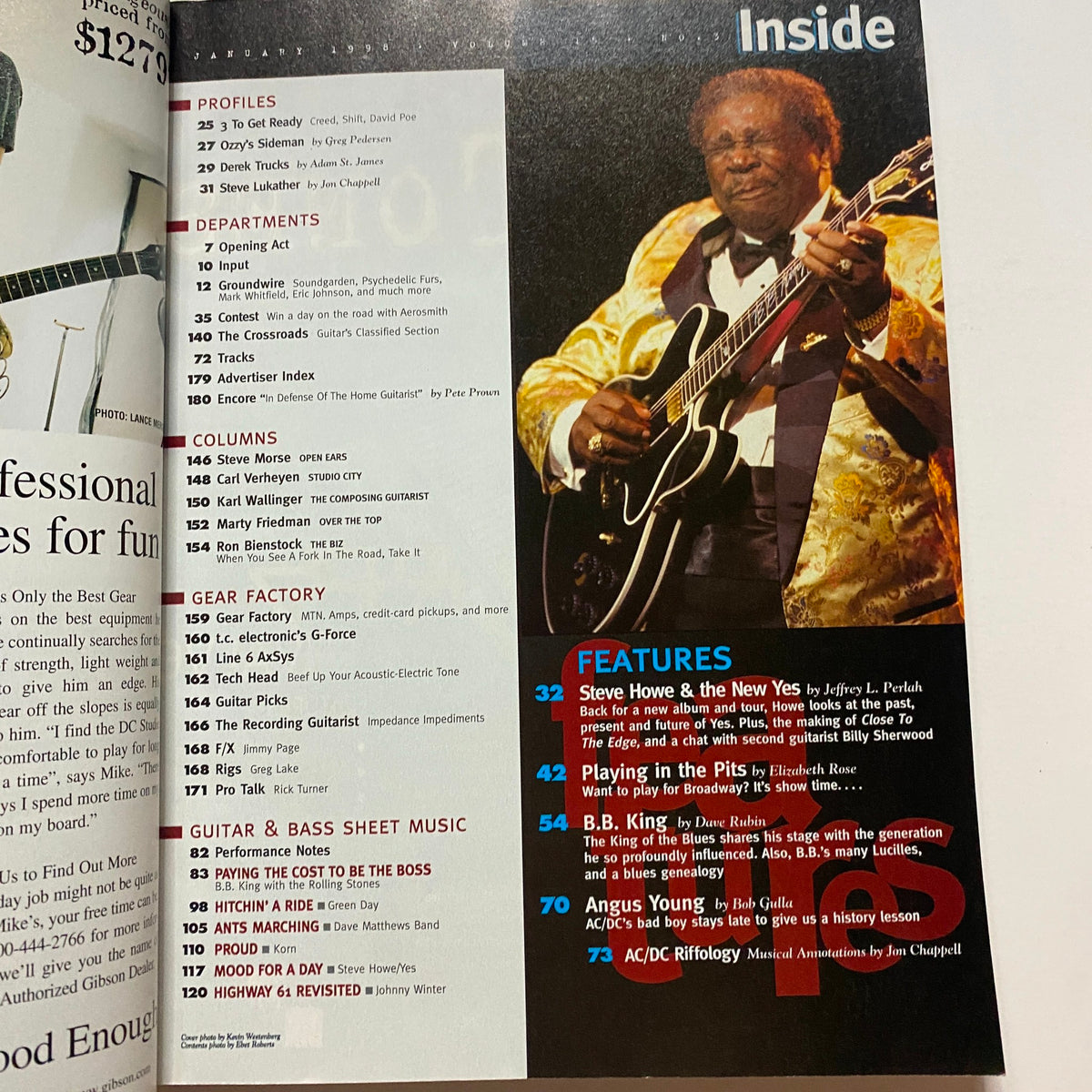Inside page of Guitar Magazine January 1998 showcasing features on B.B. King, including his biography and musical impact, alongside other articles relevant to guitar enthusiasts.