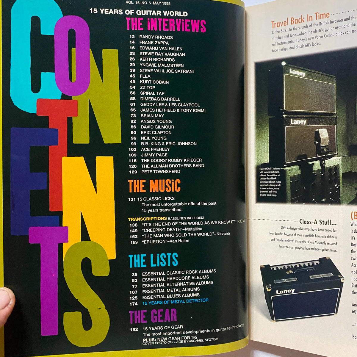 Table of contents from Guitar World Magazine May 1995 detailing interviews with famous guitarists and notable music related features.