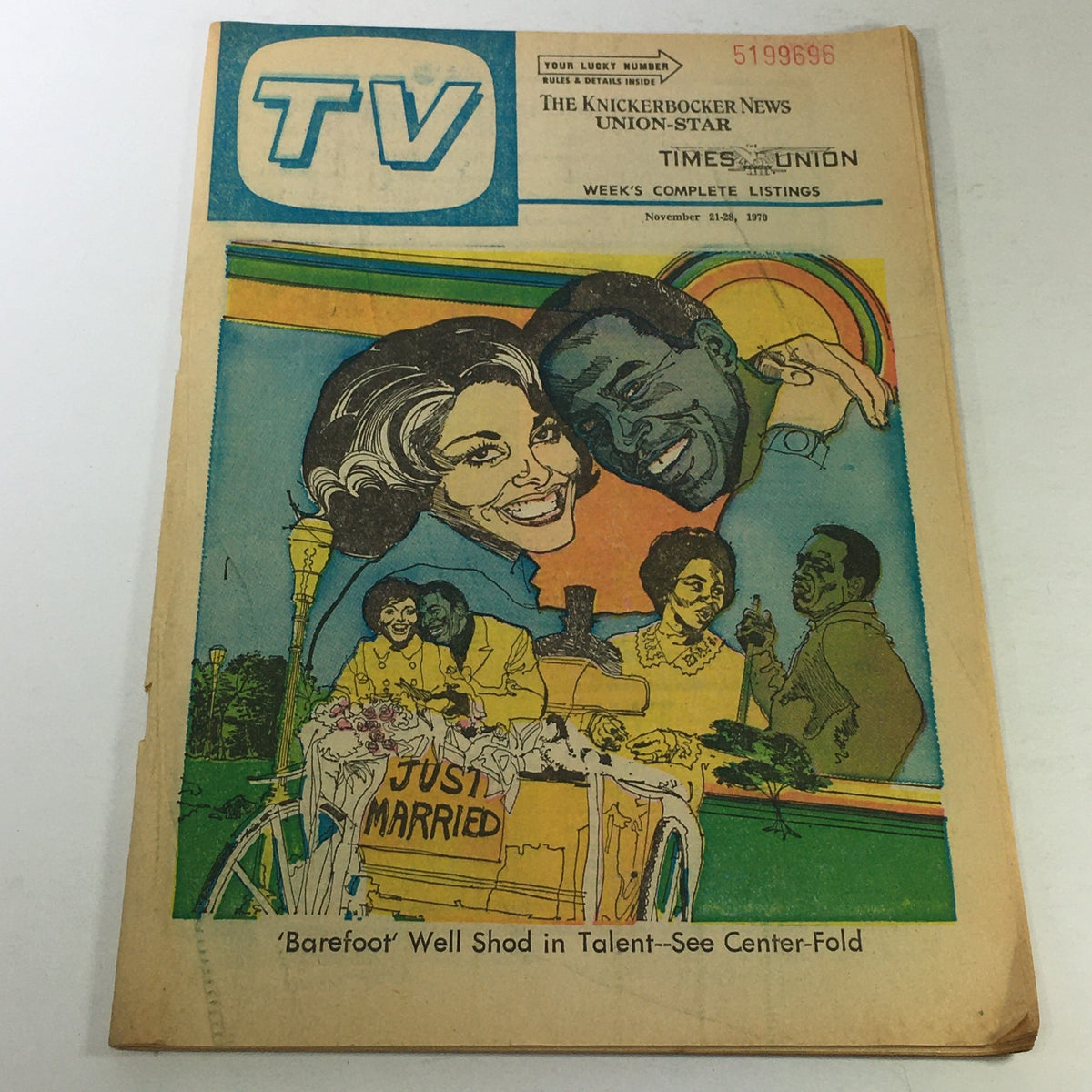 VTG TV Week's Complete Listing for November 21-28, 1970, featuring a colorful illustrated cover with 'Barefoot' Well Shod Talent and a vintage wedding theme, showcasing a joyous couple in a wedding carriage.