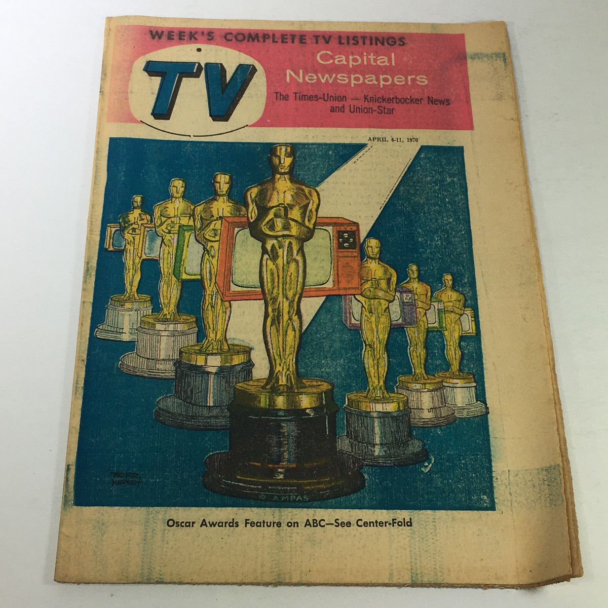 VTG TV Week's Complete TV Listings April 4-11 1970 featuring Oscar Awards on ABC, showcasing an illustrated cover with Oscar statuettes and a vintage television, capturing the glamour of the 1970 awards ceremony.