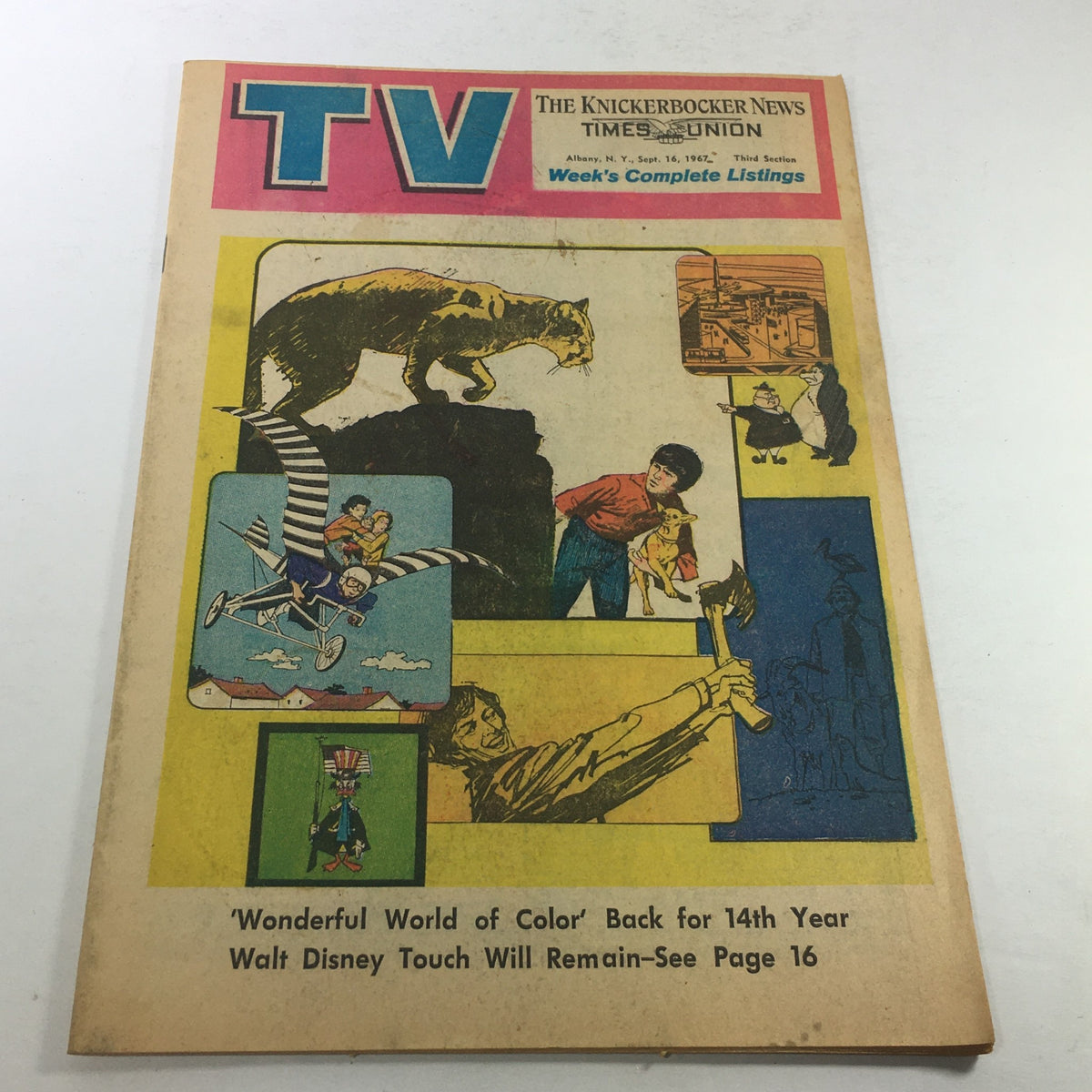 Vintage VTG TV Week's Complete Listings from September 16, 1967, showcasing colorful cover art featuring classic television themes and characters, including 'Wonderful World of Color' for collectors and TV enthusiasts.