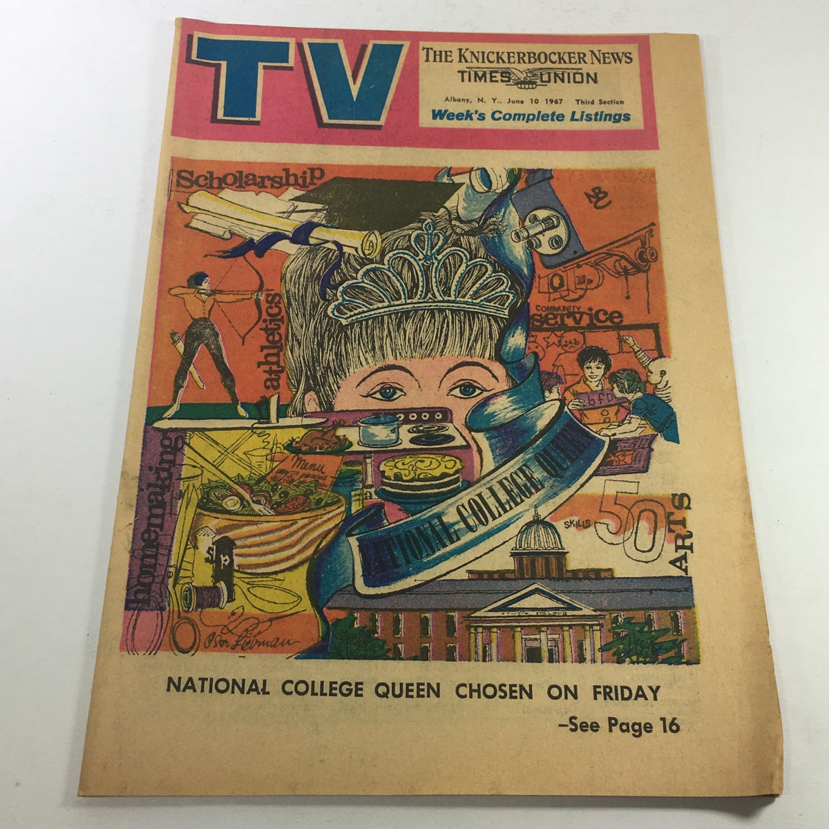 Cover of VTG TV Week's Complete TV Listings June 10 1967, featuring the National College Queen, showcasing vibrant illustrations and text highlighting scholarship, community service, and various events.