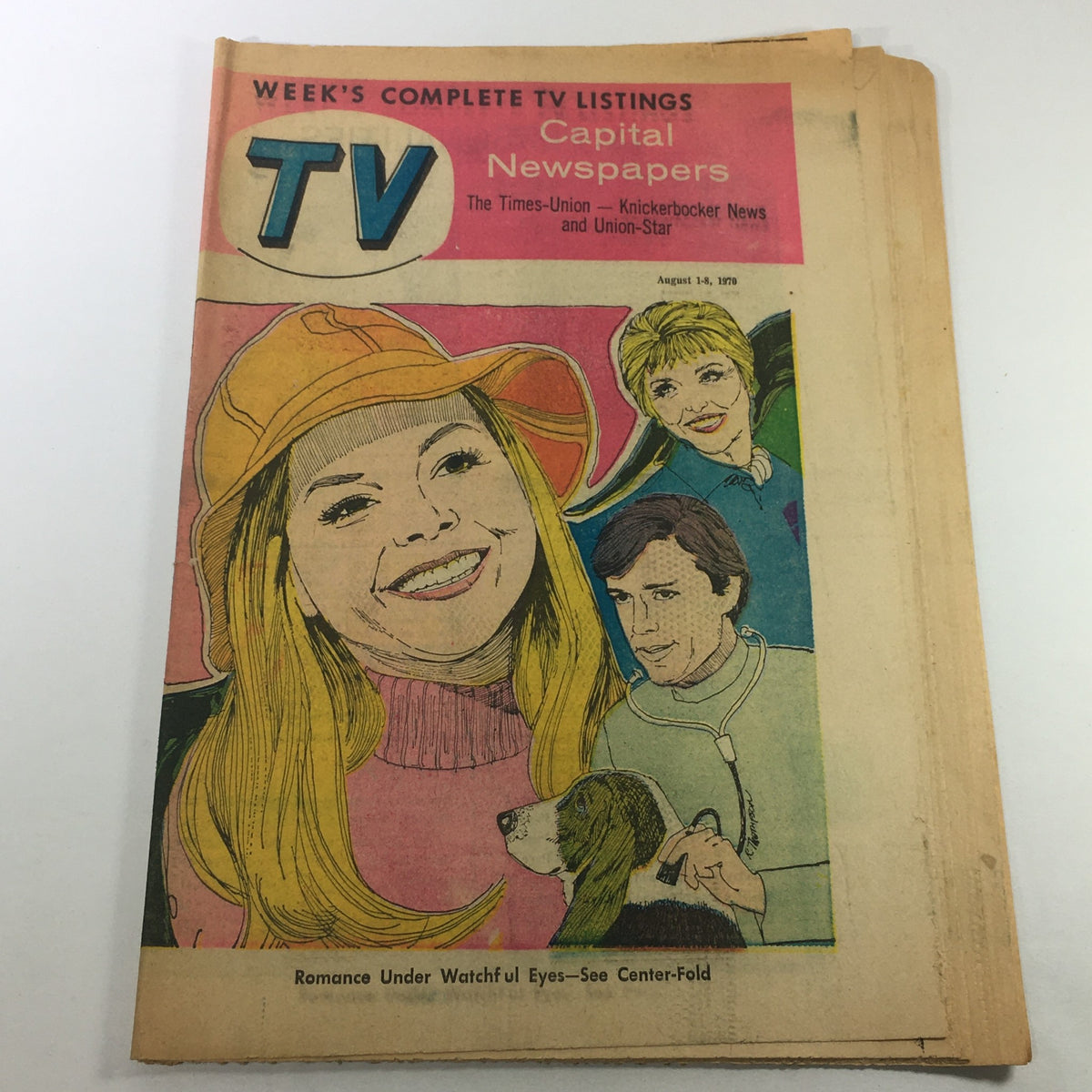 Vintage TV Week's Complete TV Listings for August 1-8, 1970 featuring the cover art for 'Romance Under Watchful Eyes' with colorful illustrations and a prominent TV logo.