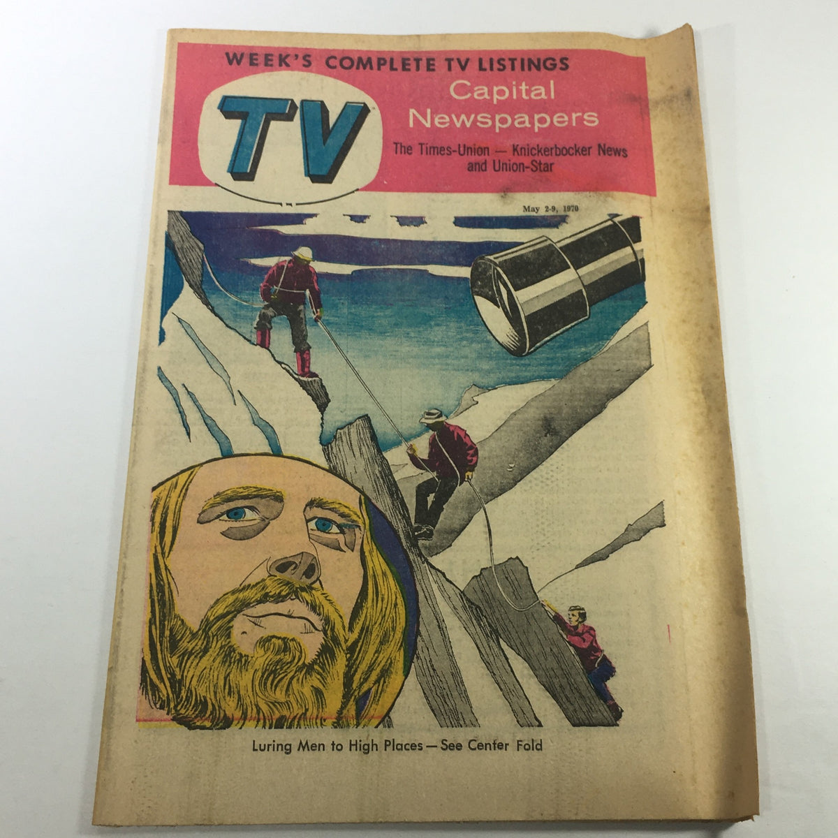 Cover of the VTG TV Week's Complete TV Listings for May 2-9, 1970, titled 'Luring Men To High Places', showcasing vintage illustrations and details about TV programming.