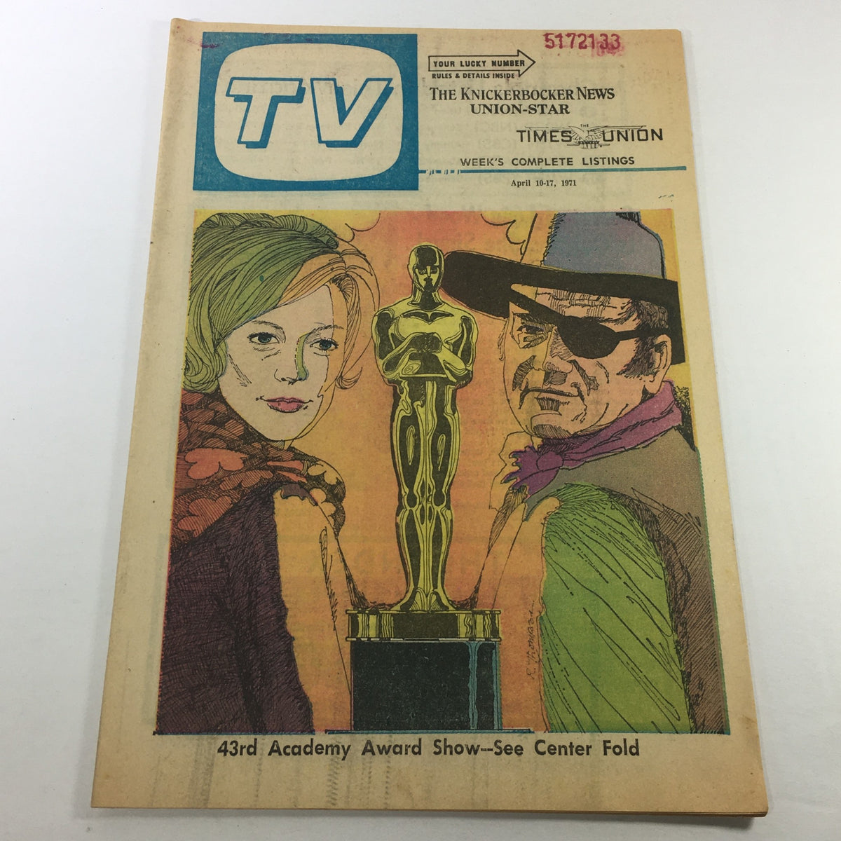 VTG TV Week's Complete TV Listings April 10-17 1971 featuring the 43rd Academy Award Show cover illustration with stylized characters and an Oscar trophy.