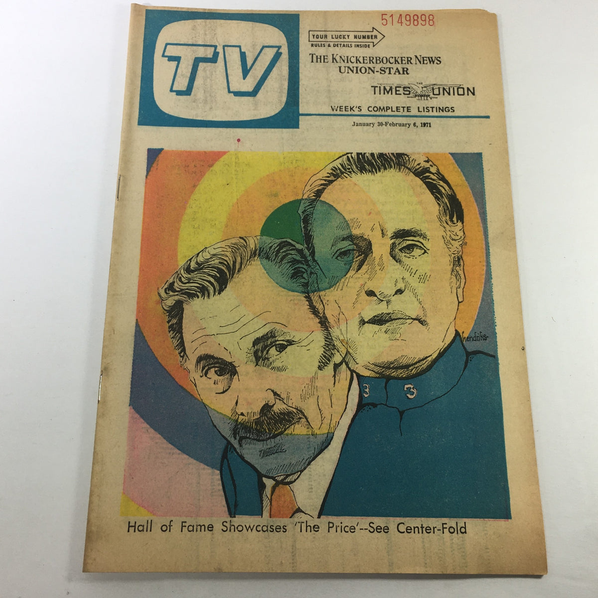 VTG TV Week's Complete TV Listings January 30-February 6 1971 cover featuring artistic portraits and colorful design, highlighting 'The Price' and showcasing a Hall of Fame theme.