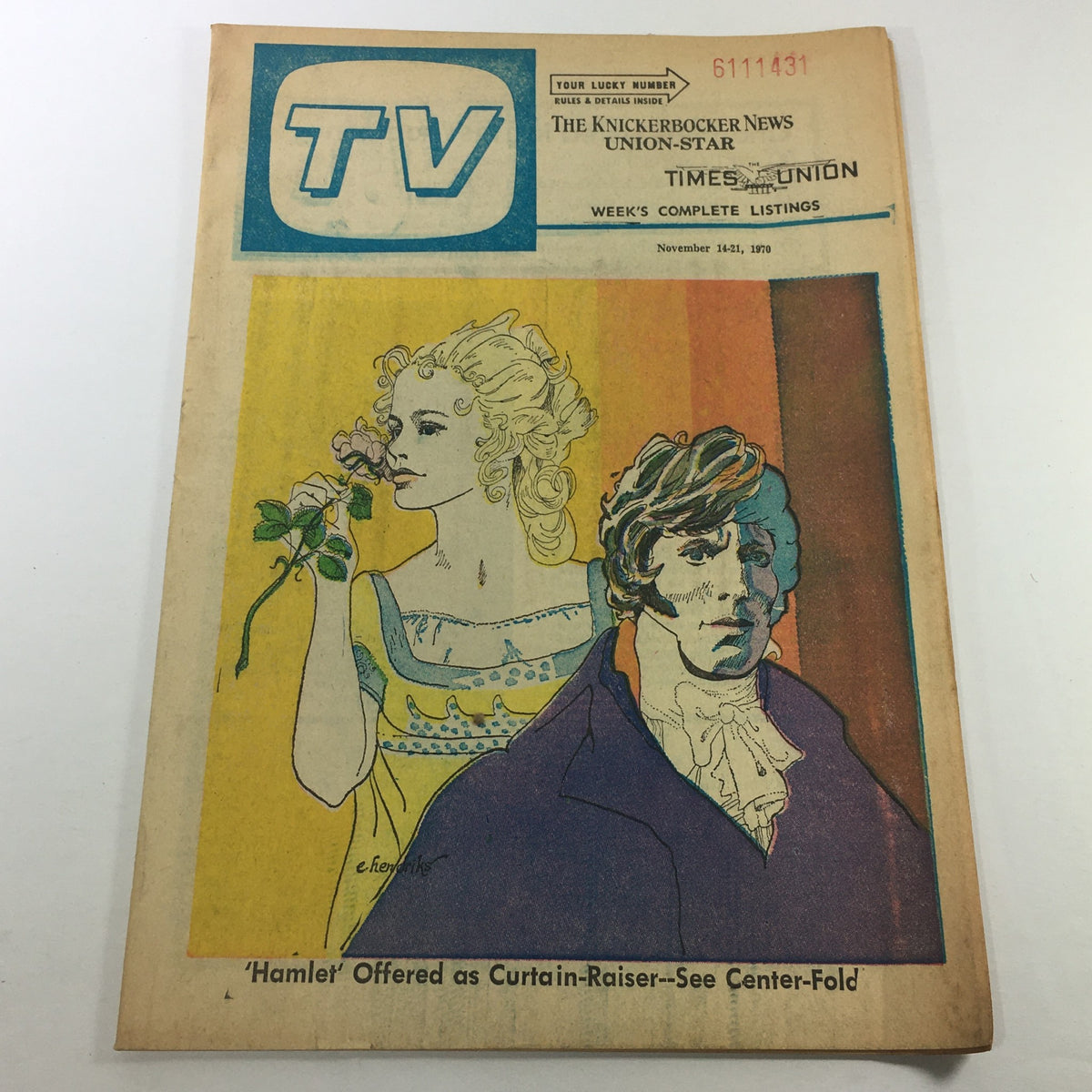 Cover of VTG TV Week's Complete TV Listings from November 14-21, 1970 featuring an illustration related to 'Hamlet Curtain-Raiser'. The vintage magazine showcases iconic television listings from the early 1970s.