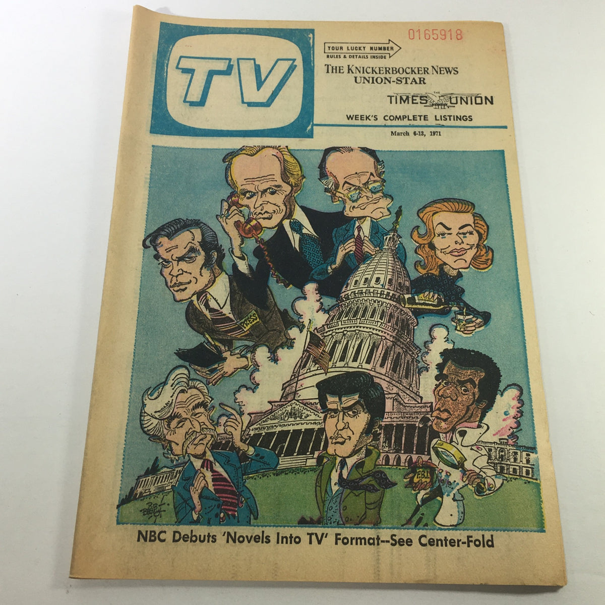 Cover of 'VTG TV Week's Complete TV Listings March 6-13 1971' featuring a colorful cartoon illustration of TV characters and the U.S. Capitol, highlighting 'Novels Into TV' in the center.