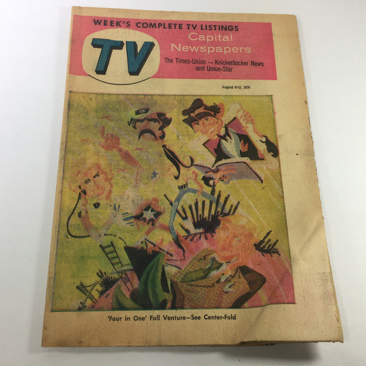 VTG TV Week's Complete TV Listings August 8-15 1970 featured on the cover of a vintage newspaper magazine, showcasing colorful artwork and retro design.