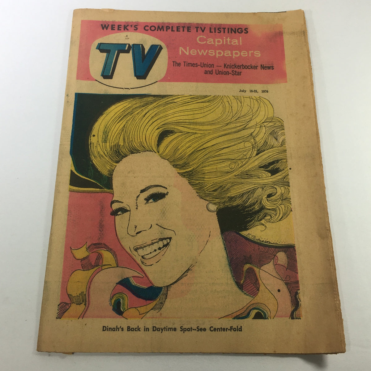 VTG TV Week's Complete TV Listings July 18-25 1970 magazine cover featuring a colorful illustration and a smiling woman, highlighting 'Dinah's Back in Daytime' on the front.
