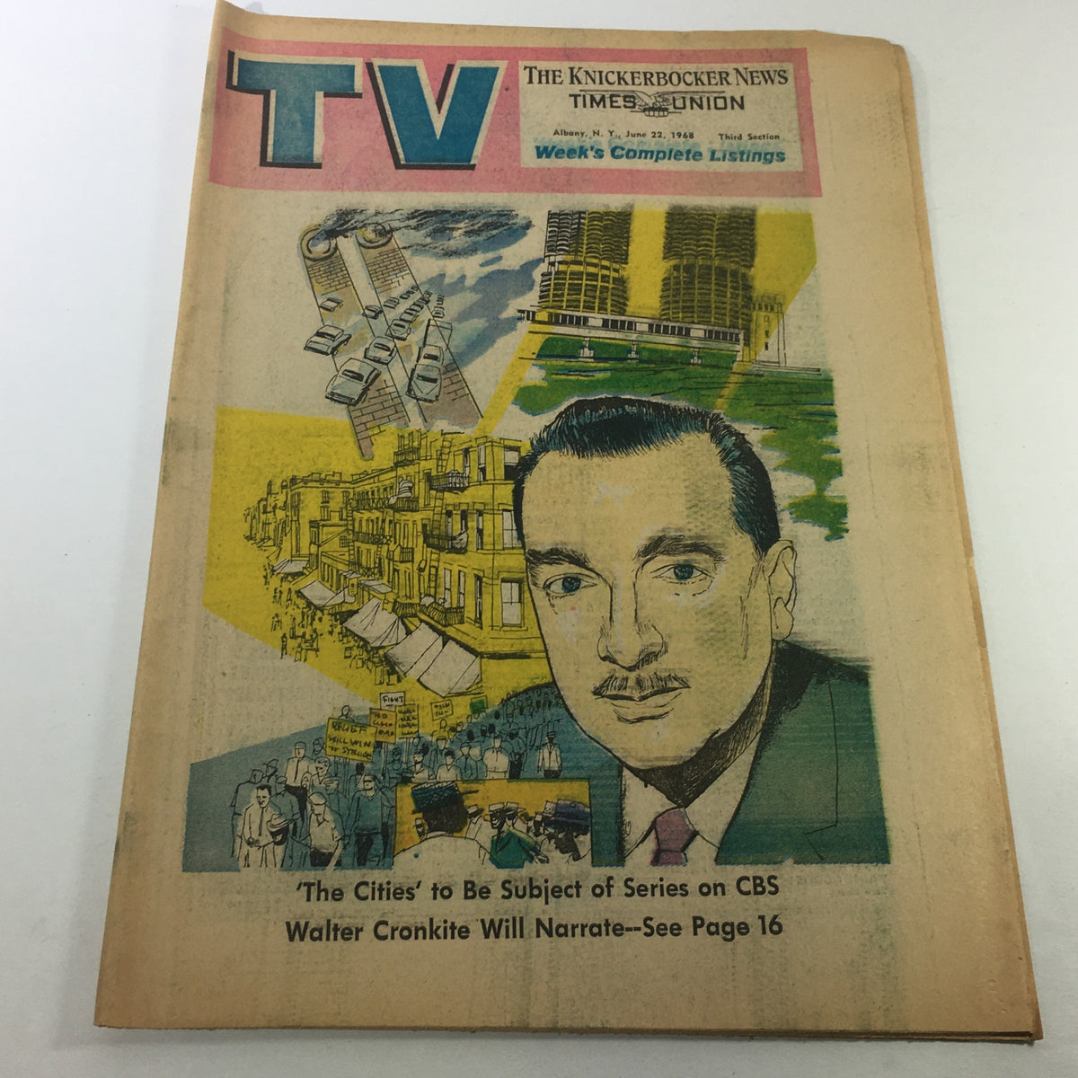 VTG TV Week's Complete TV Listings June 22 1968 featuring a colorful cover illustration, highlighting television programming and Walter Cronkite as the narrator.