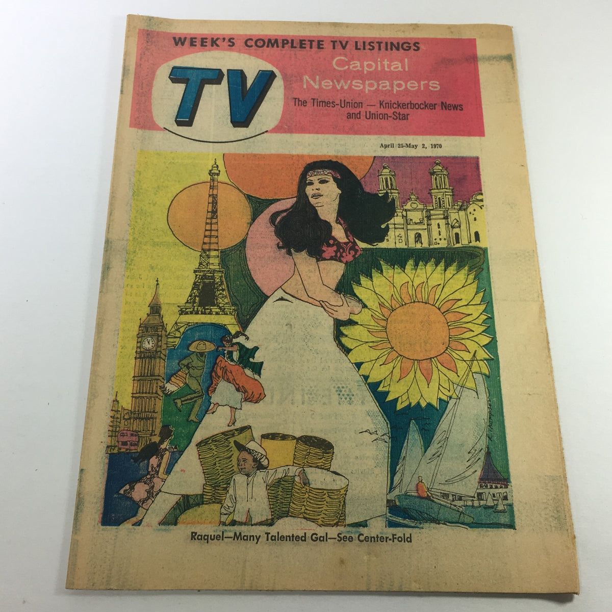 VTG TV Week's Complete TV Listings April 25-May 2 1970 featuring a colorful cover illustration including landmarks and a prominent woman with the title 'Raquel - Many Talented Gal'