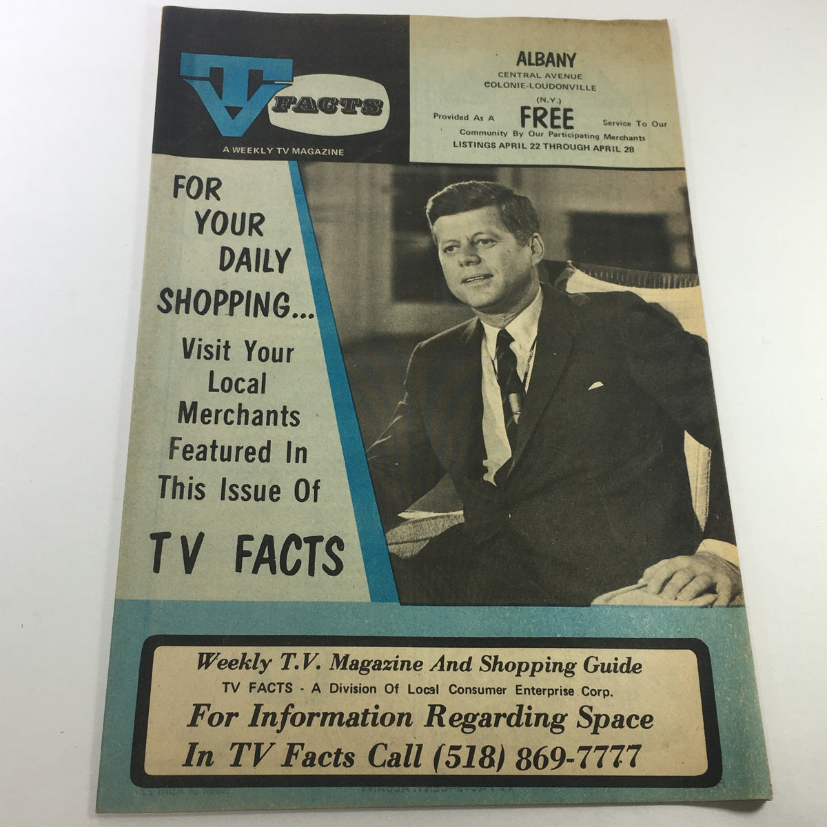 VTG TV Facts Weekly TV Listings: April 22-28 1971 featuring John F. Kennedy on the cover, promoting local advertisements within a nostalgic magazine format.