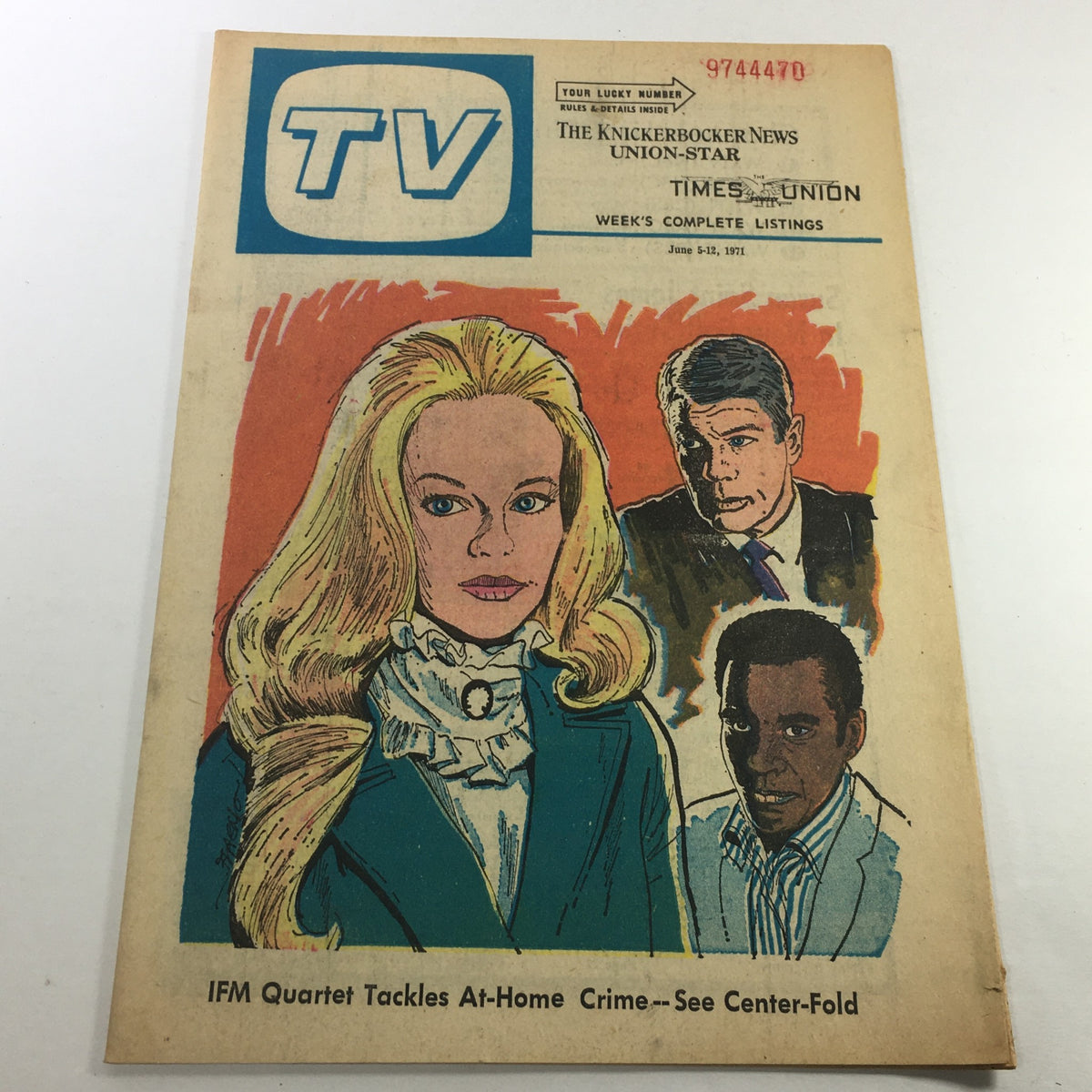 Cover of VTG TV Week's Complete TV Listings June 5-12, 1971, featuring illustrations of characters related to the IFM Quartet Tackles At Home article.