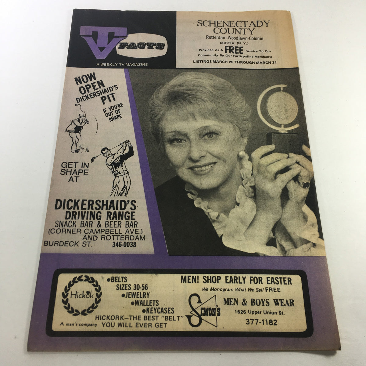VTG TV Facts Weekly TV Listings: March 25-31 1971 featuring an advertisement for Dickershaid's Driving Range with a smiling woman on the cover. The magazine showcases TV show listings and promotional content.
