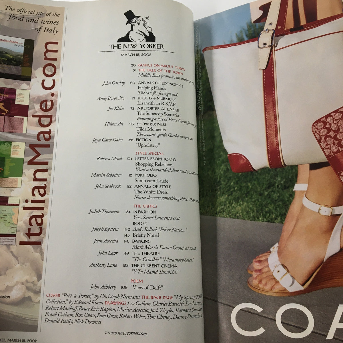Inside page of The New Yorker Full Magazine March 18 2002 featuring a list of contributors and articles, showcasing the magazine's editorial layout and design.