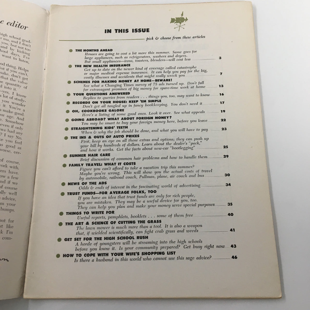 Inside page of VTG Changing Times Magazine June 1955 listing various articles, including schemes for making money at home and tips on personal finance.