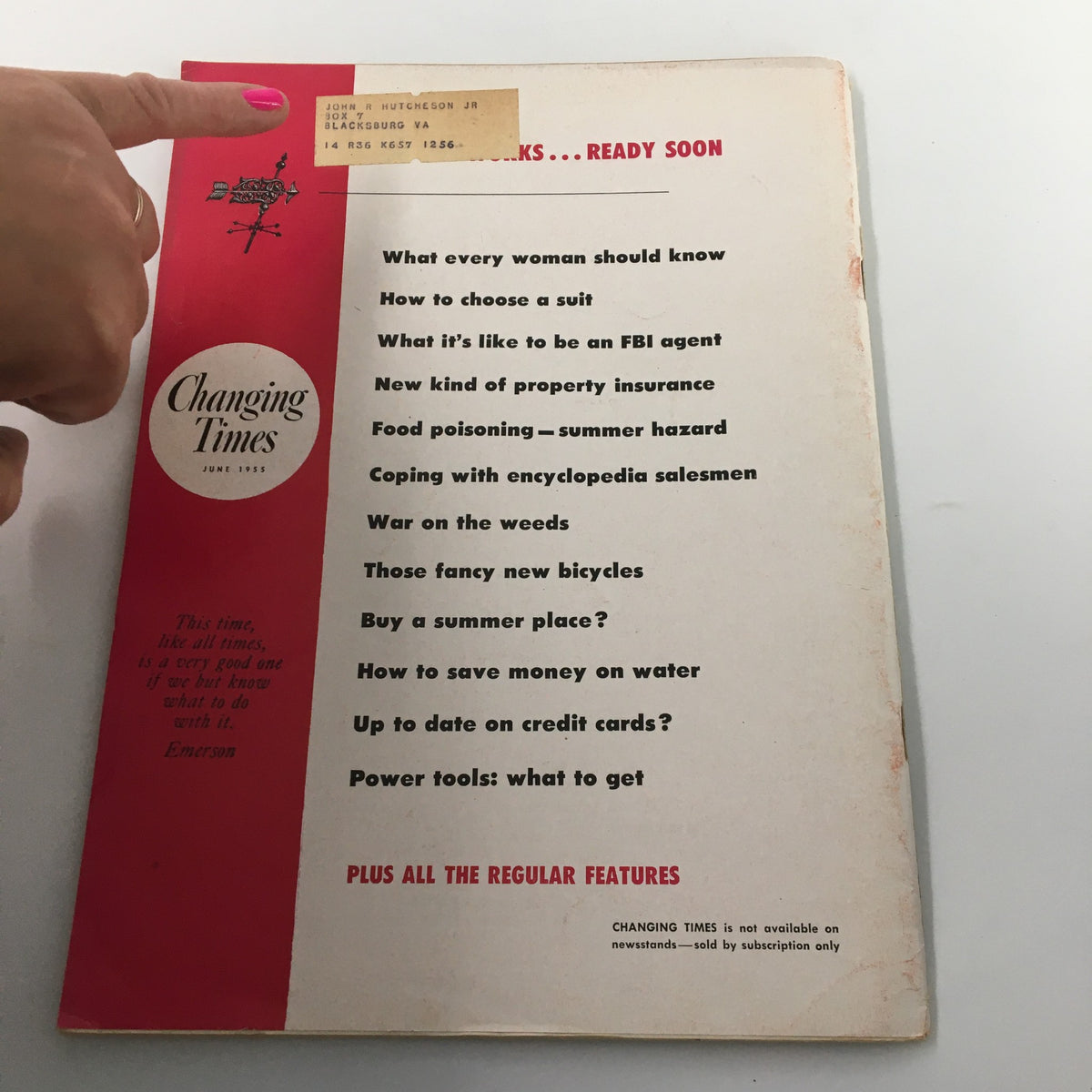 Back cover of VTG Changing Times Magazine June 1955 displaying a label and a list of articles on various topics, including property insurance and family advice.