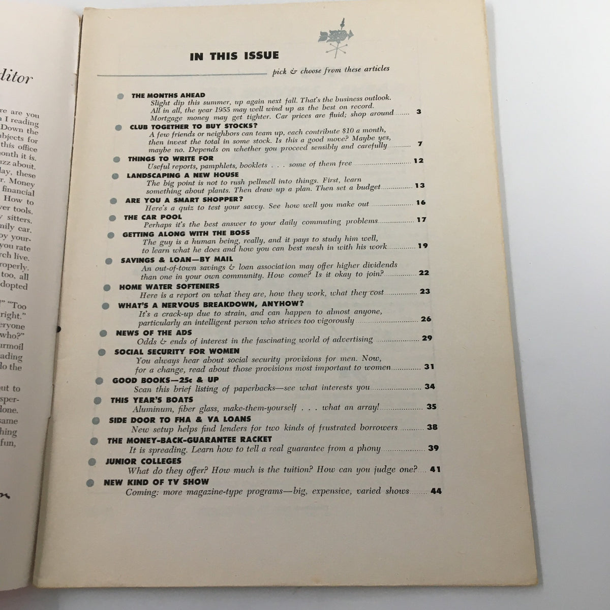 Table of contents page from VTG Changing Times Magazine May 1955, listing featured articles including 'Club Together to Buy Stocks?', 'Getting Along with the Boss', and more.
