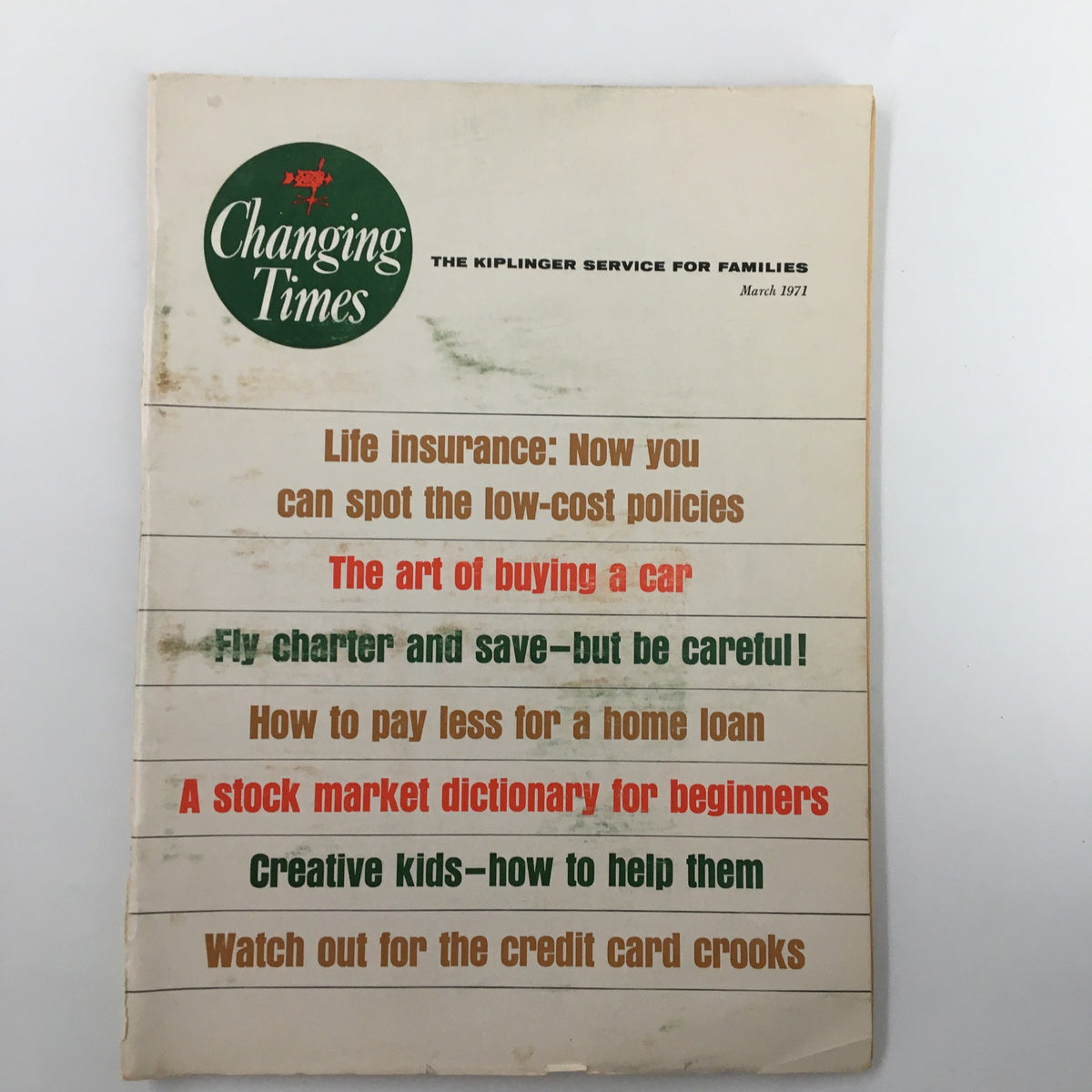 Cover of Changing Times Magazine from March 1971, featuring the title 'Fly Charter and Save - But Be Careful,' showcasing articles on life insurance, buying a car, and more, reflecting the era's cultural and travel trends.