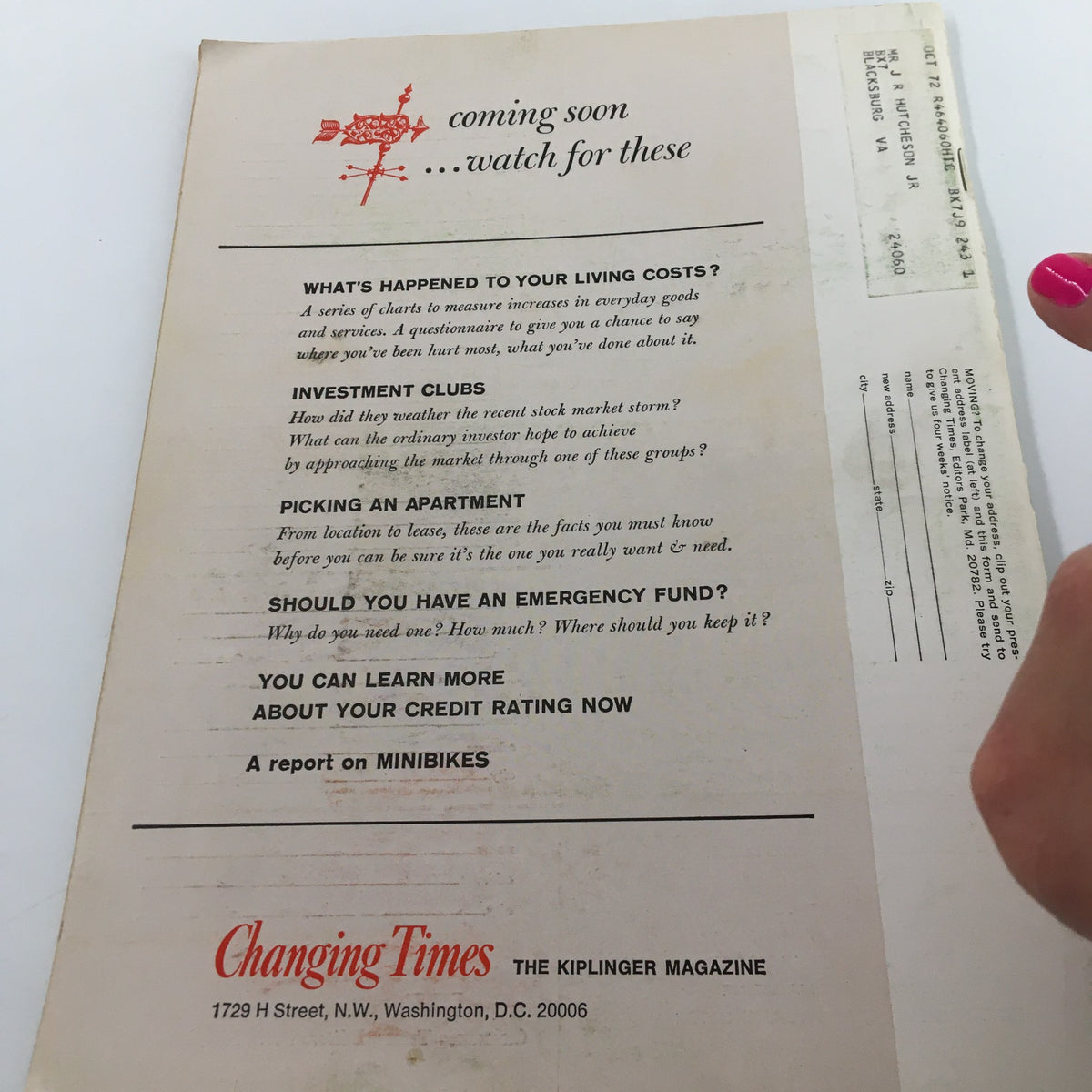 Back cover of VTG Changing Times Magazine March 1971 showcasing upcoming articles about living costs, investment clubs, and emergency funds.