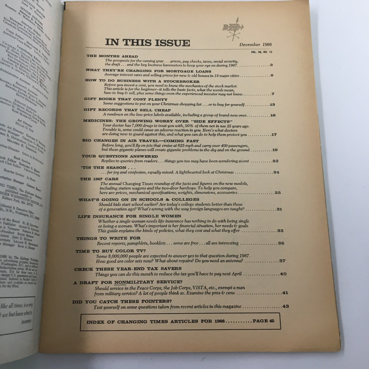 Table of contents page from the VTG Changing Times Magazine December 1966, listing articles including 'How to do business with a stockbroker' and other topics related to travel and finance.