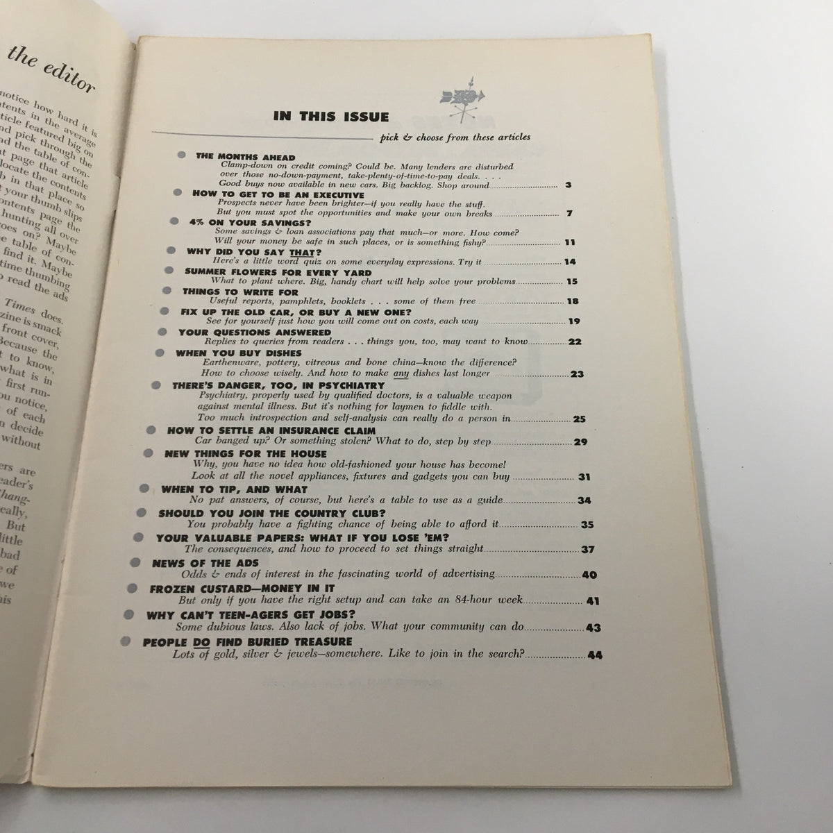 Contents page of Changing Times Magazine May 1956, listing featured articles including 'How to Get to be an Executive', with insights into personal finance, home improvement, and self-management.