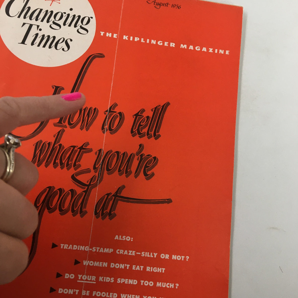 Close-up of the VTG Changing Times Magazine August 1956 cover, focusing on the title 'How To Tell What You're Good At' and additional article highlights.