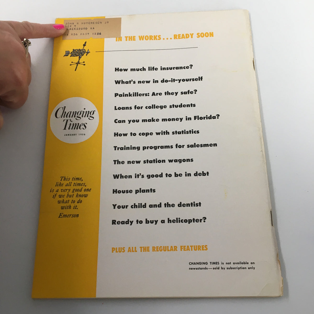 Back cover of VTG Changing Times Magazine January 1956, displaying upcoming topics and a label showing previous ownership.
