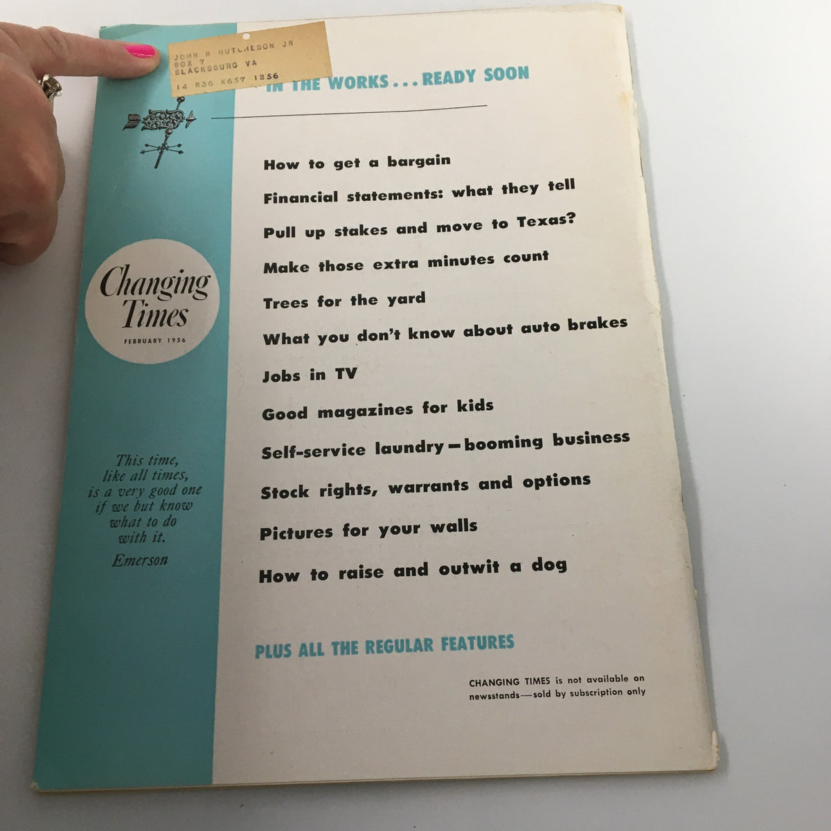 Cover of VTG Changing Times Magazine February 1956, displaying the title and upcoming article topics such as financial statements and self-service laundry.