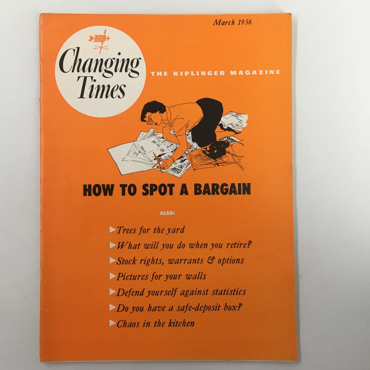 VTG Changing Times Magazine March 1956 cover featuring the article 'How to Spot a Bargain' with vintage graphics and bold orange color.